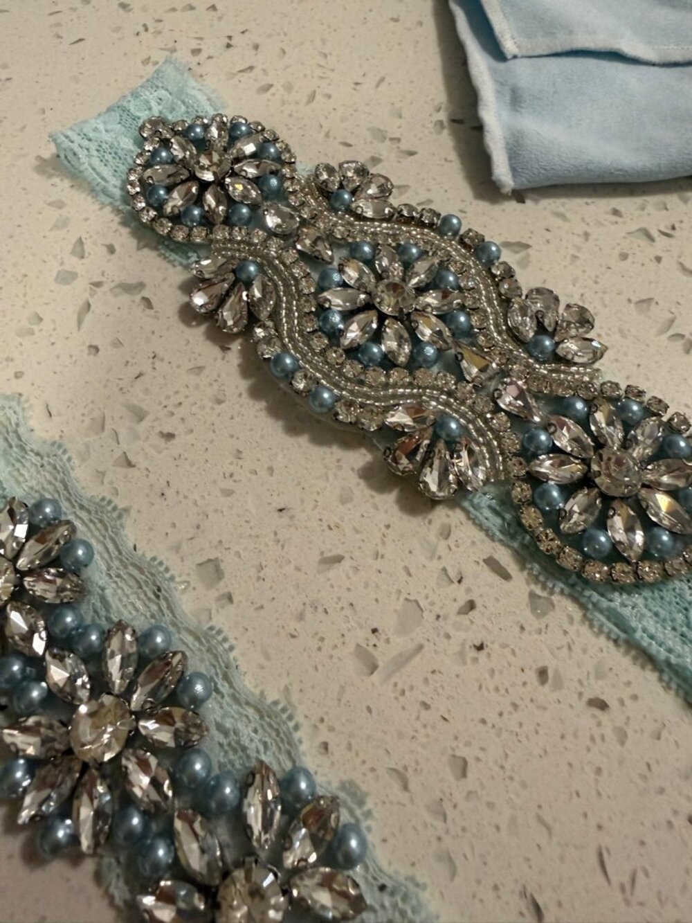 Light Blue Lace Bridal Garter Set Rhinestone Something Blue with Pouch